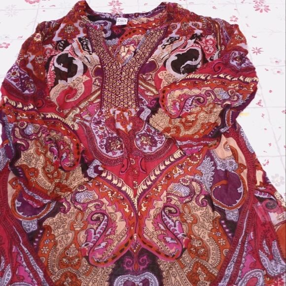 BILA Women's Top Multicolored Beaded Designer V Neck 3/4 Sleeve Blouse Size M - Picture 1 of 6